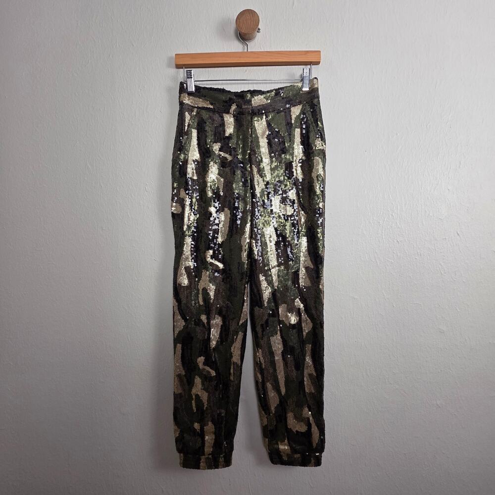Anthropologie Green Camo Sequin Jogger Pants XS Sparkly Statement Trousers NYE - Picture 7 of 13